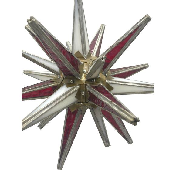 Brutalist Handmade Stained Glass Moravian Star Large Red white signed 1975 R Roy - Picture 4 of 6